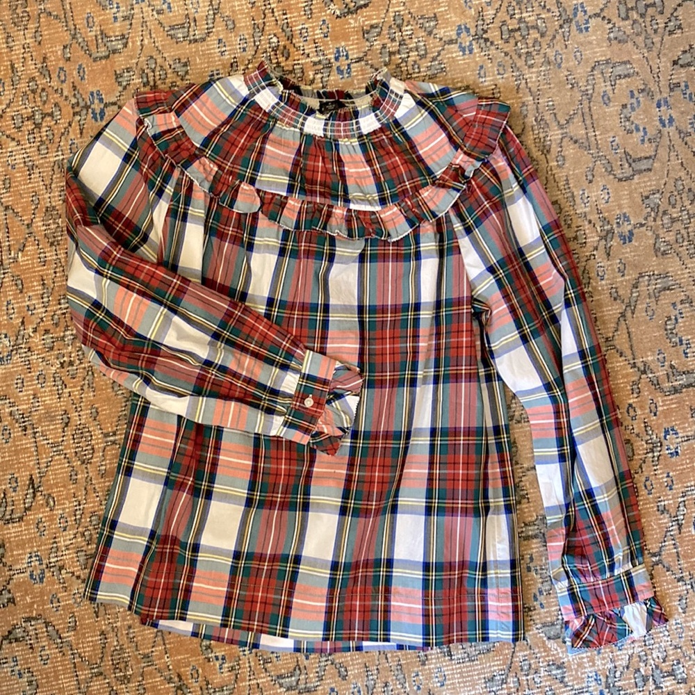 NWT J Crew smocked popover plaid blouse with ruffle neckline